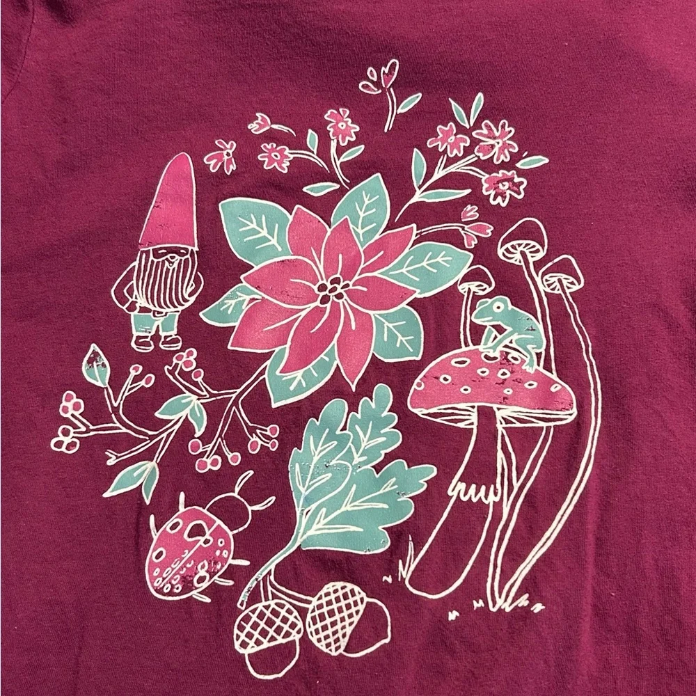 Burgundy Long Sleeve Shirt with Floral, Gnome‎ and Mushroom Design